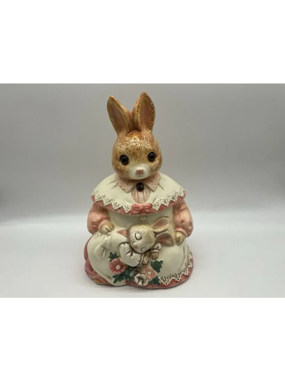 Mother Rabbit Vintage 1980s Ceramic Cookie Jar Made in Japan Pink and White